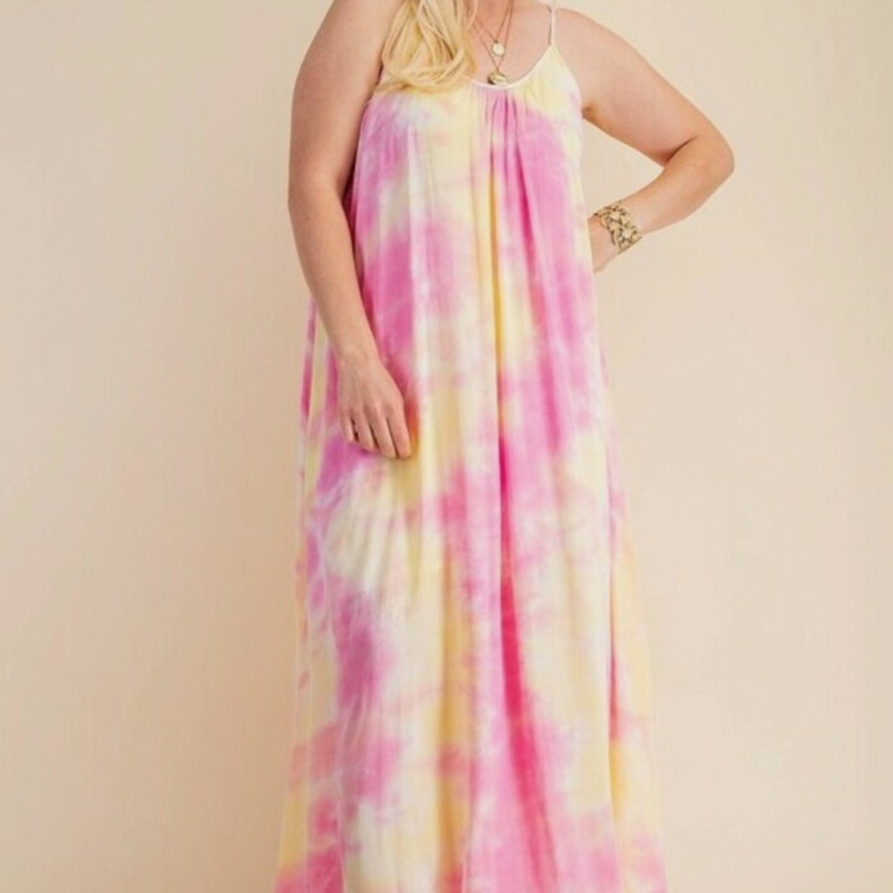 Boho Pink and Yellow Tie-Dye Maxi Dress